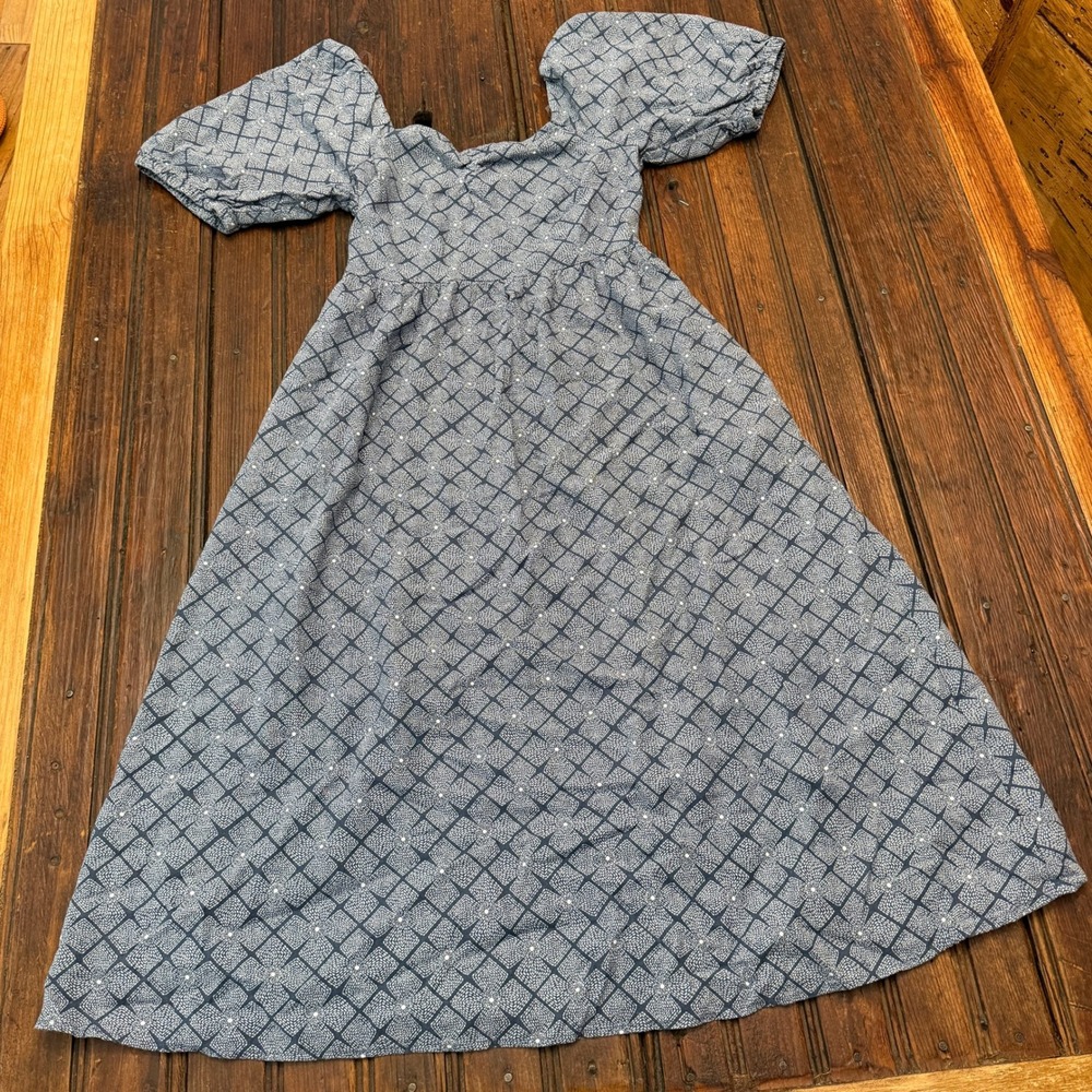 a.n.a a new approach Blue Geometric Linen Blend Puff Sleeve Midi Dress XS